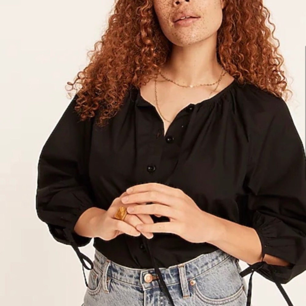 Tie-sleeve button-front cotton poplin top black